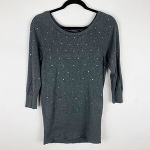 WHITE HOUSE BLACK MARKET Gray Round Neck Crystal‎ Stud 3/4 Sleeve Sweater Size M